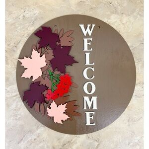 Welcome Handcrafted Hand Painted 11.75" Round Layered Wood Sign Leaves Berries